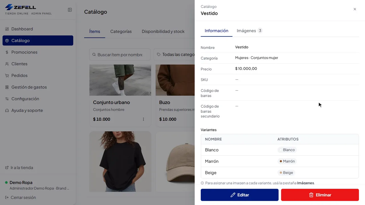 Ficha de producto de indumentaria con selección de talle y color en una tienda creada con Zeftienda