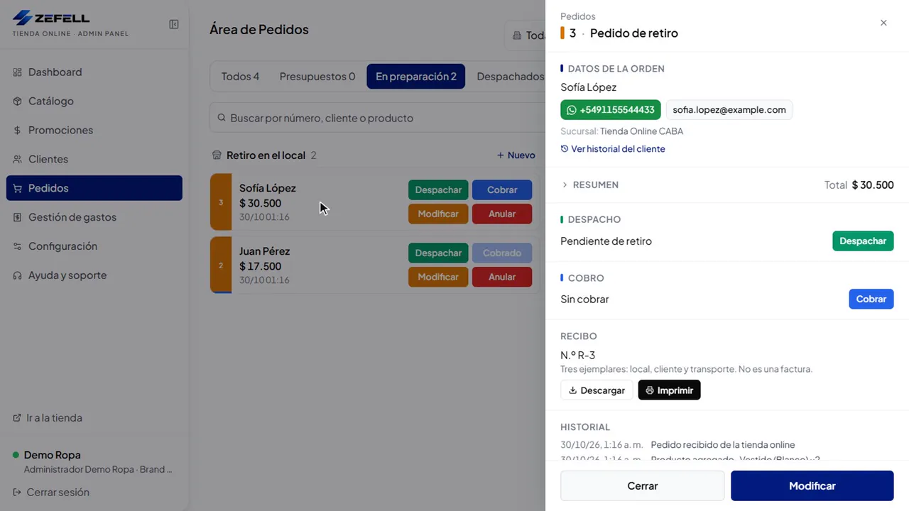 Detalle de un pedido de retiro en Zeftienda con la sección de cobro y el recibo interno del pedido