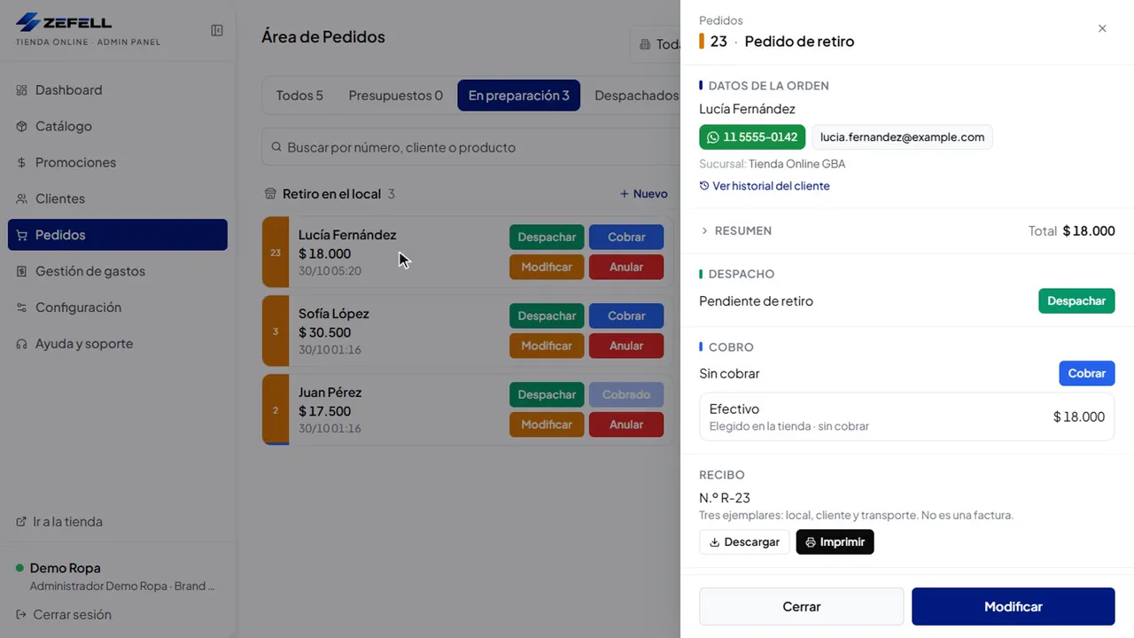 Detalle de un pedido de retiro en el Área de Pedidos de Zeftienda, con datos del cliente, despacho, cobro y recibo