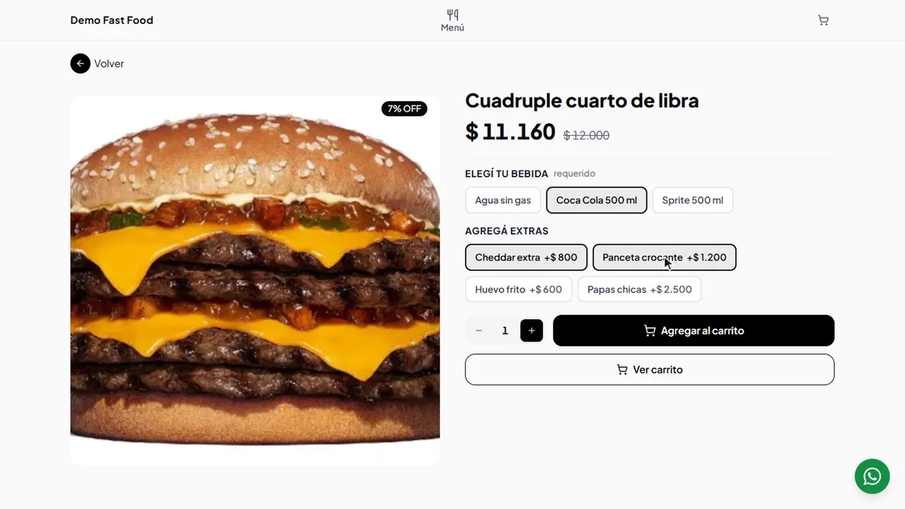 Configuración de opciones de pedido en Zeftienda y su selección en la tienda de un local de comida rápida
