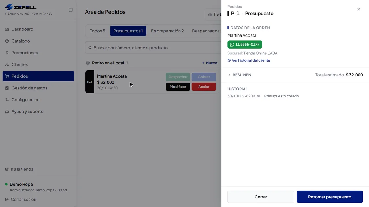 Presupuesto guardado en el Área de Pedidos de Zeftienda, con el cliente, el total estimado y el botón para retomarlo