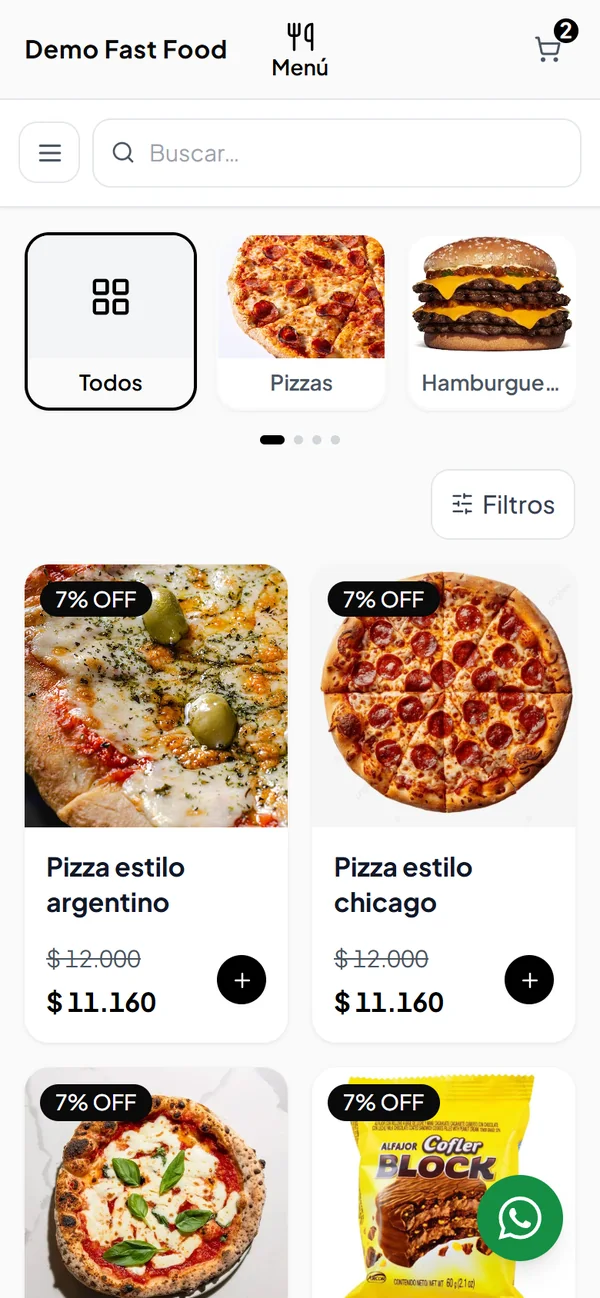 Menú de una tienda gastronómica en un celular con categorías de pizzas y hamburguesas, buscador, filtros y productos con descuento